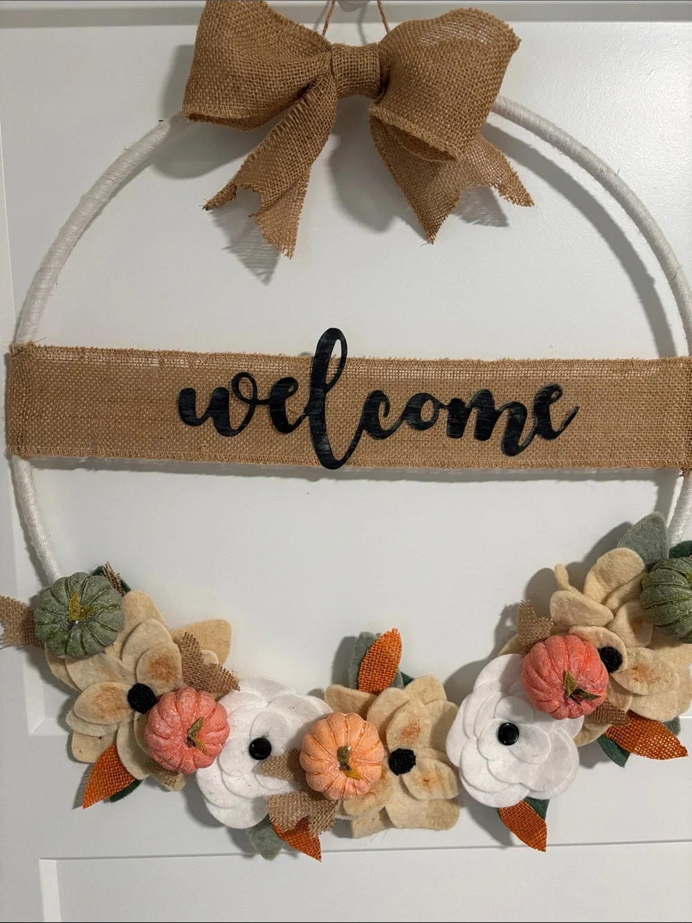 Hand Crafted Burlap 'Welcome' Hoop Wreath with Orange, Cream, Green Accents